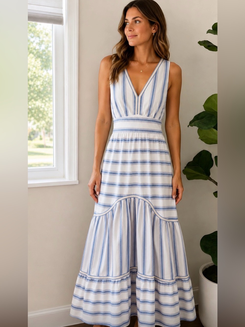 NWT Chicways Blue & White Striped Cotton Maxi Dress – Size Small